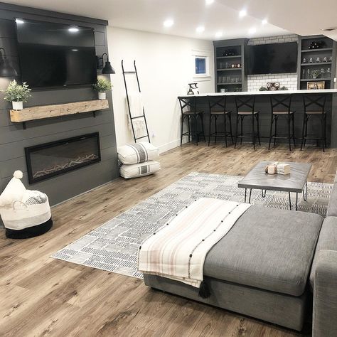 Grey Finished Basement Ideas -briemarie1023 Remodel Basement Ideas, Basement Decoration, Small Basement Remodel, Built In Electric Fireplace, Dream Basement, Basement Remodel Diy, Remodel Basement, Basement Inspiration, Basement Living Rooms