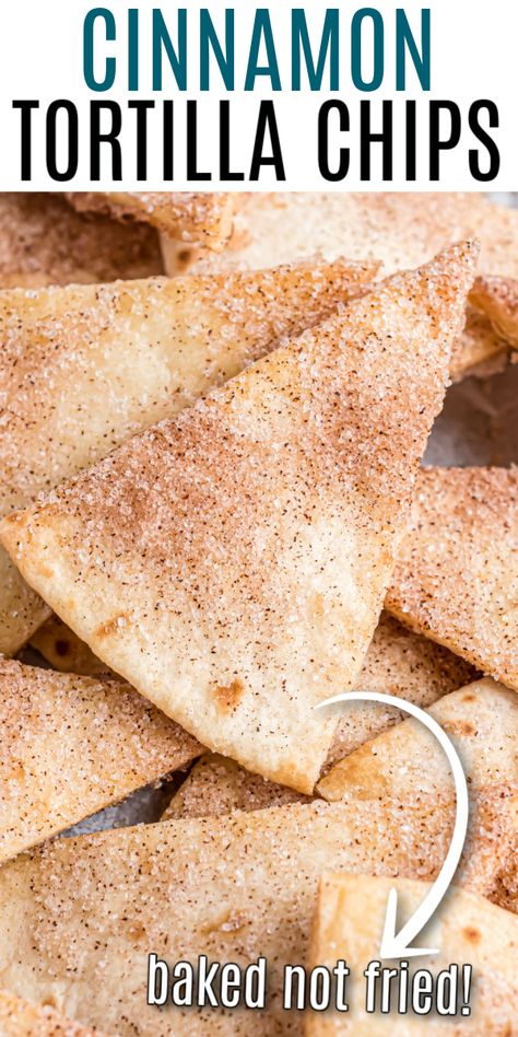 Baked Cinnamon Sugar Tortilla Chips - baked until crispy and covered with cinnamon sugar! These sweet and crunchy chips make a perfect vehicle for scooping all your favorite fruit salsas and dessert dips. Cinnamon Sugar Tortilla Chips, Cinnamon Sugar Tortilla, Cinnamon Sugar Tortillas, Tortilla Chip Recipe, Cinnamon Tortilla Chips, Cinnamon Tortillas, Homemade Tortilla Chips, Milk Allergy, Cinnamon Chips