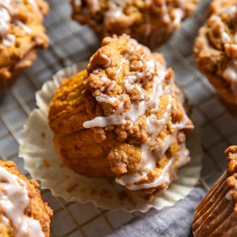 Pumpkin Coffee Cake Muffins - Modern Crumb Spice Cake And Pumpkin Muffins, Pumpkin Coffee Muffins, Pumpkin Coffee Cake Muffins, Sour Cream Pumpkin Muffins, Pumpkin Strudel Muffins, Pumpkin Strudel Coffee Cake, Harvest Muffins, November Meals, Egypt Food