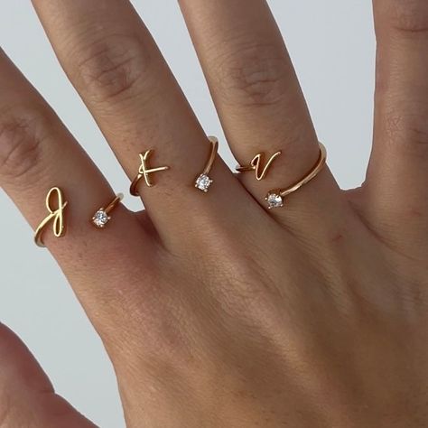 Wear your initial or the initial of someone you love! Perfect for best friend rings and couple rings. These dainty initial rings are perfect for everyday wear and won't turn green or tarnish. Available in both silver and gold! These letter rings have been super popular for bridesmaids as they're an adorable personalized gift you can give to all your bridesmaids and family members. They're sure to love this long lasting gift! Details: Materials: Stainless steel and 18k Gold Adjustable Allergy Inf Engagement Rings With Alphabets, Letter Rings Initial Couple, Rings For Your Girlfriend, R Initial Ring, Rings For 3 Best Friends, Matching Gifts For Best Friends, Couple Letter Ring, Gifts To Give, Matching Rings For Best Friends