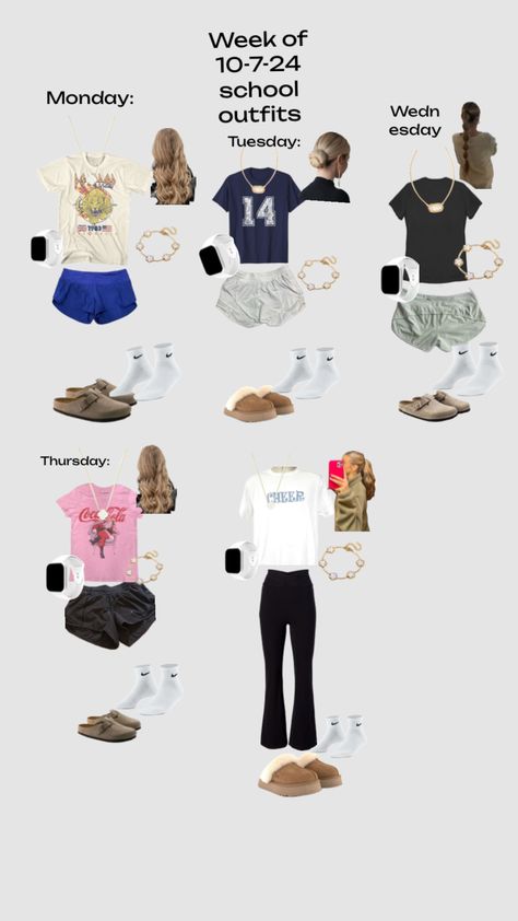 Outfits of the week! School Dresscode Outfit, Week Outfits For School, Outfits For The Week School, School Outfits Warm Weather, School Outfit Ideas Middle School, Days Of The Week Outfits, Friday Outfits For School, What To Wear To A Bar, Cute Easy Outfits For School