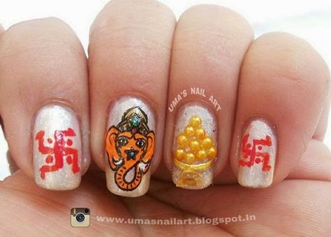 Uma's Nail Art: Lord Ganesha Nails.... Ganesh Nail Art Ideas, Ganesha Nail Art Designs, Ganesh Chaturthi Nail Art Designs, Ganesha Nail Art, Ganesh Chaturthi Nail Art, Ganpati Nail Art, Ganpati Nails, Lily Nails, Ganesha Drawing