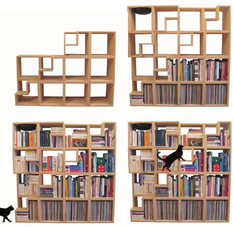 The Cat Library – a place for cats to climb, play and relax, but also a great way to store books as well in the same vertical space. Cat Library, Cat Closet, Cat Side, Bed Shelf, Katt Grejer, Cat Enclosures, Bed Unit, Cat Stairs, Cat Hotel