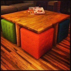 DIY square coffee table with 4 removable ottomans underneath. $35 Diy Storage Ottoman Coffee Table, Diy Square Coffee Table, Coffee Table With Ottomans Underneath, Coffee Table With Seating, Coffee Table Fireplace, Diy Storage Ottoman, Coffee Table Small Space, Storage Ottoman Coffee Table, Diy Ottoman