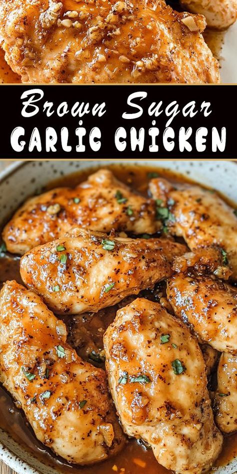 Sweet, savory, and full of flavor – this Brown Sugar Garlic Chicken is a weeknight dinner game-changer! 🍗✨ The brown sugar and garlic glaze caramelizes perfectly, making every bite juicy and full of flavor. This easy chicken recipe is a must-try for anyone who loves simple, yet delicious meals. #GarlicChicken #BrownSugarChicken #StickyChickenRecipe #FamilyDinner #EasyDinnerRecipe #QuickChicken #WeeknightMeals #DeliciousChicken Yummy Chicken Seasoning, Simple Chicken Supper Ideas, Saute Chicken Recipes, Quick Easy Chicken Marinade, Easy Dinner Recipes Low Sodium, Yum Yummy Chicken Recipes, Slow Cooker Brown Sugar Garlic Chicken, Garlic Brown Sugar Chicken Thighs, Chicken Glaze Recipes Simple