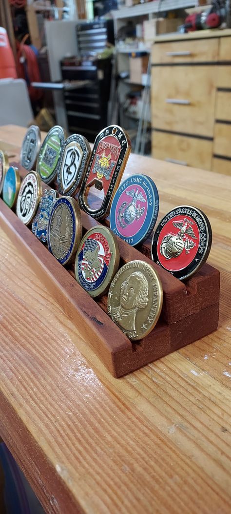 Here is an easy project that will come together very quickly to display those coins. Challenge Coin Display Diy, Military Coin Display, Usmc Birthday, Challenge Coin Holder, Resin And Wood Diy, Military Coins, Military Challenge Coins, Challenge Coin Display, Cnc Ideas