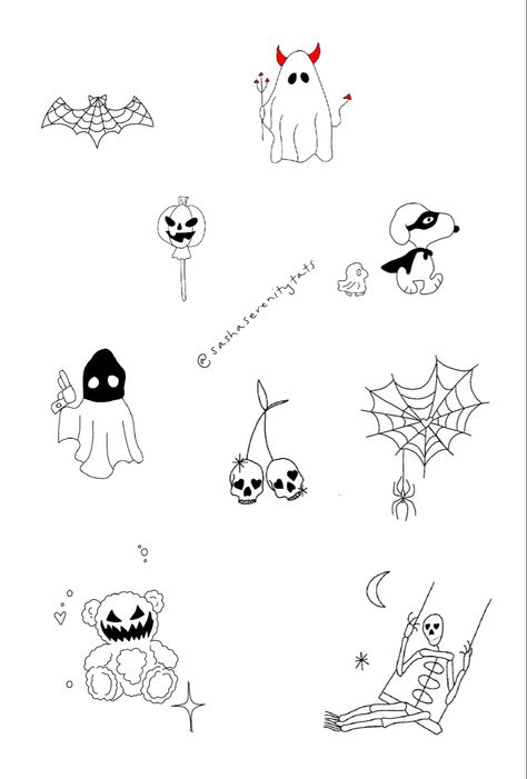 Spooky Szn Tattoo, Halloween Line Work Tattoo, Spooky Little Tattoos, Tiny Tattoo Halloween, Fineline Halloween Tattoo, Halloween Inspired Tattoos Simple, Fall Tattoo Flash Sheet, Halloween Flash Sheet Simple, Spooky Flash Sheet