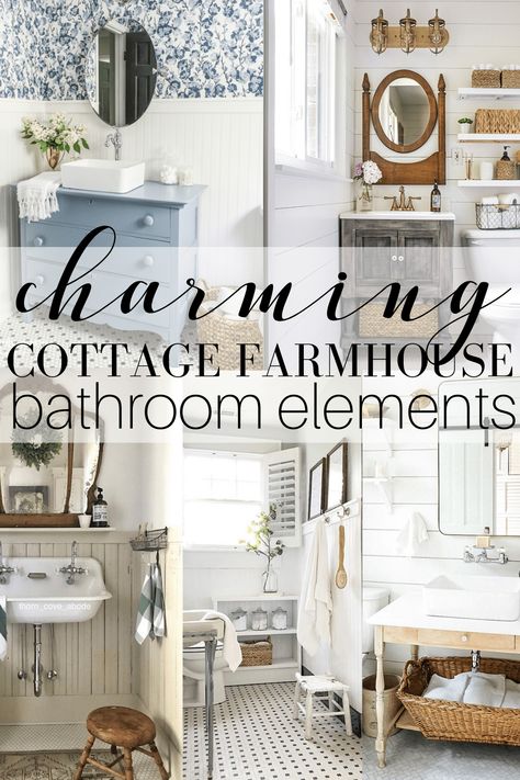 Farmhouse Bath Decor Ideas, Small Modern Country Bathroom, Small Cottage Bathroom Ideas Design, Cozy Cottage Bathroom Aesthetic, White Cottage Bathroom Ideas, Country Cottage Bathroom Ideas Farmhouse, Vintage Farmhouse Powder Room, Cottage Bathroom Shelves, Farm Cottage Bathroom