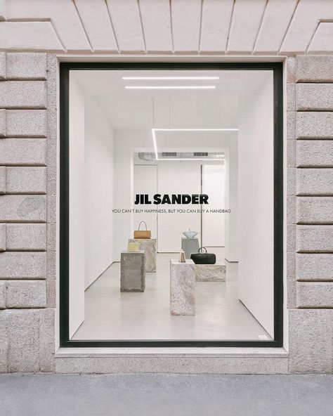 JIL SANDER on Instagram: “#JILSANDER Milan’s via Sant’Andrea store Bag installation 📸 @federicotorra” Milan Store, Shop Facade, Retail Space Design, Window Graphics, Store Window, Retail Store Design, Store Interior, Retail Space, Window Vinyl