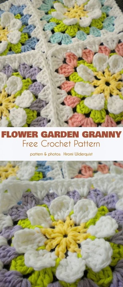 Flower Garden Granny Square Free Crochet Pattern Even though flowers are a perennial favorite, the flower rosettes in these squares are unique and will add a touch of 3D texture to any project. Free Crochet Pattern Flower, Crochet Flower Granny Square Pattern, Crochet Pattern Flower, Crochet Granny Square Pattern, Granny Square Häkelanleitung, Crochet Granny Square Tutorial, Granny Blanket, Flower Granny Square, Crocheted Afghans