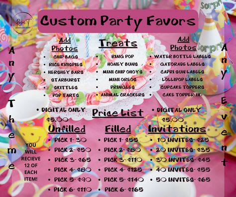 Party Favor Price List, Starburst Minis, Party Favors Birthday, Mini Chips, Planning Business, Character Images, Custom Party Favors, Favors Birthday, Honey Buns