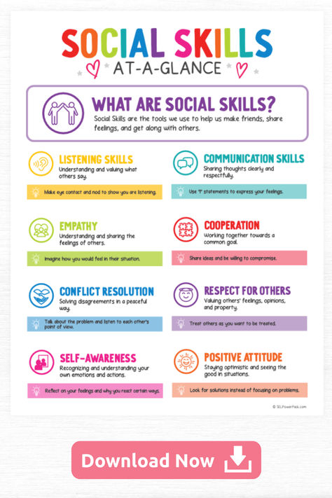 There's a lot to learn about exploring our feelings and social interactions. Social Emotional Learning At-A-Glance makes it fun and easy!

This resource is packed with 13 kid-friendly worksheets, exercises and activities to bring SEL to life. And inspire your kids to embrace personal growth.

Download our SEL "Cheat Sheets" and get started now! Coping Skills Activities, Social Emotional Activities, Mental Health Activities, Social Skills Groups, Social Emotional Learning Activities, Teaching Social Skills, School Social Work, Counseling Activities, Social Emotional Skills