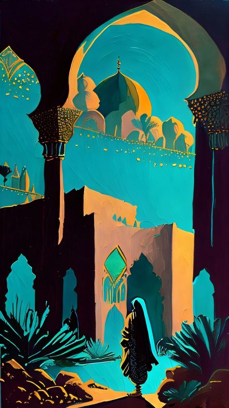 Arabian Illustration Art, Najdi Doors, Arabian Illustration, Pakistan Illustration, Arabic Illustration, Arabian Nights Aesthetic, Arabic Colors, Castle Illustration, Seni Arab