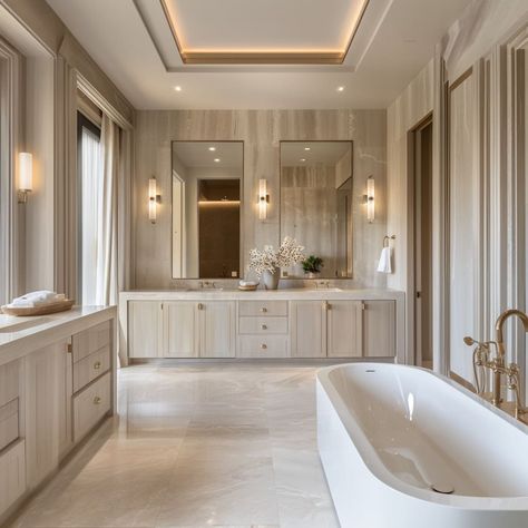 Contemporary Classic Bathroom, Ideas Para Baños Pequeños Modernos, Mansion California, California Modern Interior, Transitional Style Bathroom, Transitional Bathroom Design, Luxury Bathroom Inspiration, Neutral Bathroom Decor, Classic Bathroom Design