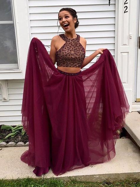 A-Line/Princess Sleeveless Halter Tulle Beading Floor-Length Two Piece Dresses Maroon Formal Dress, Maroon Prom, Maroon Prom Dress, Prom Dress Two Piece, Halter Prom Dress, Burgundy Prom, Evening Dress Long, Halter Prom Dresses, Winter Formal Dresses