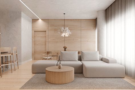 Minimalist Muji Interior Design, Apartment Living Room Japandi, Interior Design Japandi Style, Behance Apartment Interior, Japan Living Room Design, Muji Minimalist Interior Design, Japanese Minimalist Apartment, Japandi Apartment Design, Minimalist Hotel Room Design