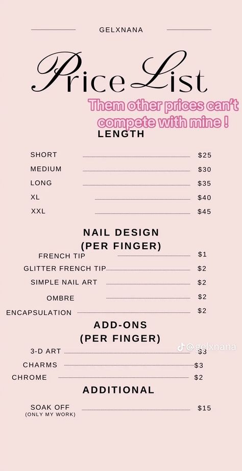 Nail Tech Prices Guide, Nail Schedule Ideas, Nail Tech Information, Nail Business Price List, Acrylic Nails Supplies, Mail Inspo Beginner, Nail Salon Checklist, Nail Tech Guide, Nail Prices List For Beginners