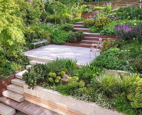 Steep Gardens, Sloped Backyard Landscaping, Terraced Landscaping, Hill Garden, Muswell Hill, Sloped Backyard, Terrace Garden Design, Tiered Garden, Back Garden Design