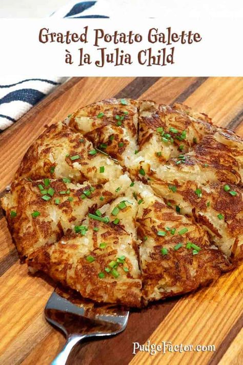 Grated Potato Galettes are buttery crispy on the outside and creamy on the inside. They are easy to make and an elegant side dish. Potato Galette, Julia Child Recipes, Matzo Meal, Grated Potato, Potato Sides, Hash Browns, French Cooking, Cooking Prep, Julia Child