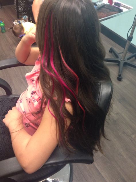 Pink Hair Strands Brunette, Small Streaks Of Color In Hair, Strip Highlight Hair, Color Strands In Hair, One Strand Dyed Hair, One Strand Hair Dye, Hair Stripes Color, 2 Strands Of Hair Dyed, Colored Stripes In Hair