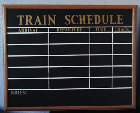 train bedroom decor | Train Bedroom~~Vintage Inspired Train Schedule} Diy Train Station Ticket Booth, Train Decorations Diy, Train Bedroom Decor, Train Vbs, Train Bedroom, Polar Express Christmas Party, Schedule Board, Polar Express Party, Train Decor