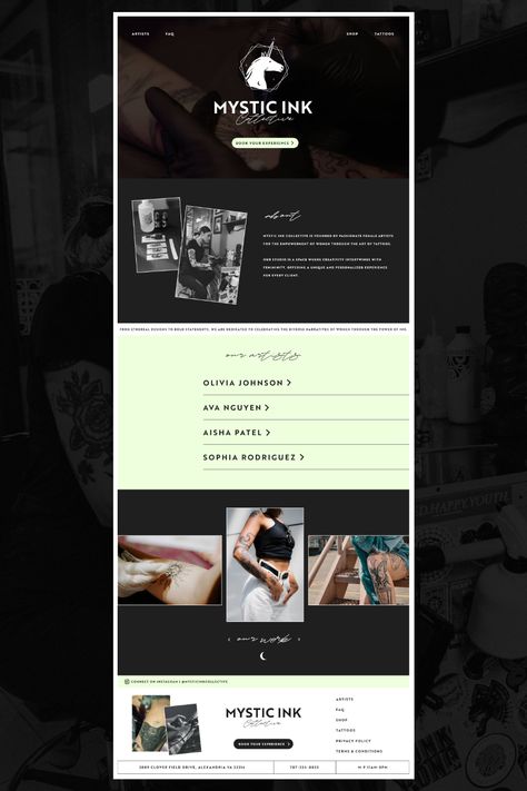 Homepage website design for a tattoo studio. Custom Showit website designed by Sarah Joy Street. 
Tattoo Website Design | Website Design Inspiration | Edgy Website Design Tattoo Website Design, Edgy Website Design, Logo Design Tattoo, Edgy Website, Design Website Layout, Website Design Modern, Street Custom, Tattoo Website, Sarah Joy