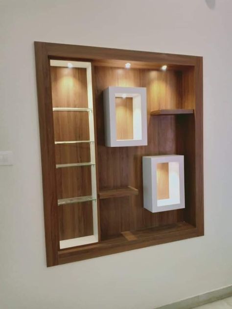 Its beautiful showcase design brown snd white combination Showcase Designs For Hall, Wall Showcase Design, Wooden Panel Design, Wooden Shelf Design, Modern Room Design, Crockery Unit Design, Tv Unit Interior Design, Wall Tv Unit Design, Living Room Tv Unit Designs