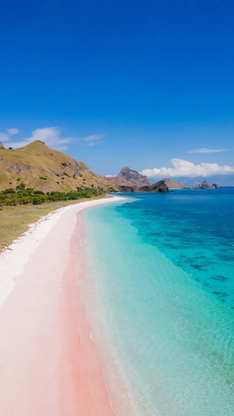 Swim in the gorgeous turquoise waters of a Pink Sand Beach in Indonesia. An out-of-this-world experience that you will not forget. The stunning nature of Indonesia cannot be beat. #travelindonesia #pinkbeach #dronephotography #travelphotography #naturephotography #christmasdestination #winterbucketlist #christmasbucketlist Pink Sand Beach Aesthetic, Pink Sand Beach Wallpaper, Pink Sands Beach, Pink Beach Labuan Bajo, Pantai Sanur, Komodo Dragons, Island Princess, Winter Bucket List, Christmas Destinations