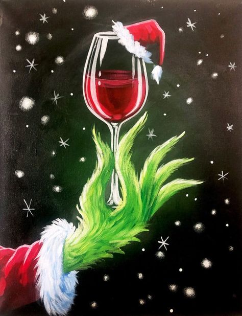 Drink Up Grinches | Picasso & Wine Halloween Watercolor Art, Wine And Paint Night, Printable Stencil, Drink Up Grinches, Art App, Halloween Watercolor, Christmas Canvas Art, Wine And Canvas, Christmas Paintings On Canvas