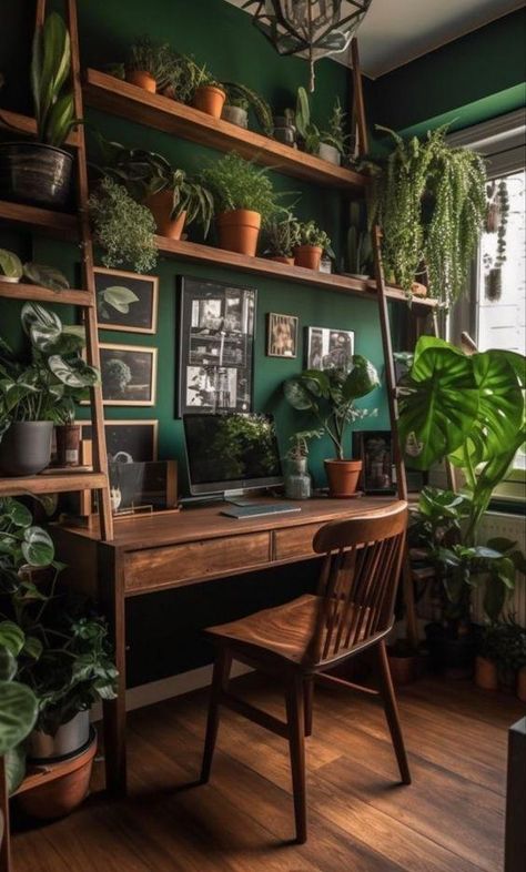 Looking to elevate your home decor? Check out these stunning apartment aesthetic ideas that will transform your space into a stylish oasis. From minimalist designs to cozy boho vibes, these inspirations will help you create the perfect ambiance for your apartment. Dark Green Wall With Plants, Dark Wood Bookshelves, College Campaign, Houseplant Styling, Boho Bookshelf, Green Bookshelves, Plants And Books, Lots Of Plants, Plant Room