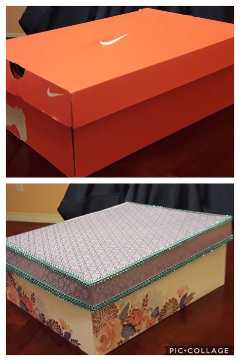 Shoe box makeover Covering A Shoe Box With Paper, Custom Shoe Box, Decorated Shoe Boxes, Recycle Cardboard, Shoe Box Design, Aesthetic Crafts, Shoe Box Crafts, Decoupage Jewelry Box, Recycle Cardboard Box