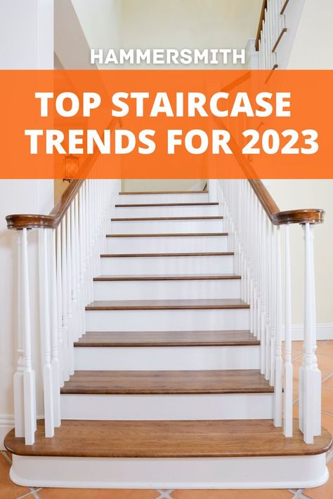 Hamptons style staircase with text overlay reading: top staircase trends for 2023 Modern Stairs Ideas, Stairs Remodeling, Staircase Remodel Diy, Stairs Decor Ideas, Stairs Storage Ideas, Diy Staircase Makeover, Balustrade Design, Stair Renovation, Stairs Decor