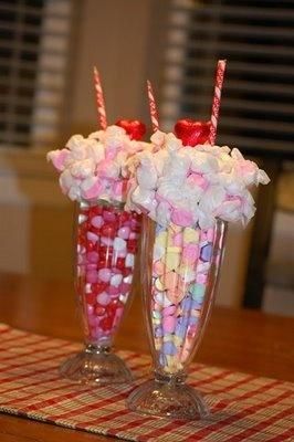 -a clear, ice cream sundae glass (I picked mine up at our local Dollar Tree store!) -candy to fill the bottom of the glass (I chose conversation hearts for one, and pink and red M for the other!) -a styrofoam circle or half-circle (found in the floral or craft section of places like Walmart) -pink and white taffy -2 candy pixie sticks (for the straws) -chocolate, red-foiled heart -hot glue gun -paper to embroider or to write on if you choose to do labels Cute Valentines Day Ideas, Pixie Sticks, Bar A Bonbon, Valentine Centerpieces, Valentine Projects, My Funny Valentine, Candy Bouquet, Dollar Tree Store, Ice Cream Sundae