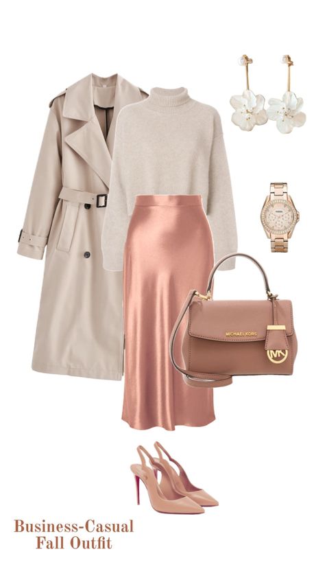 Salmon Skirt, Fall Office Outfits, Nude Skirt, Satin Skirt Outfit, Nude Bags, Hijabi Outfit, Golden Jewelry, Office Outfit, Satin Skirt