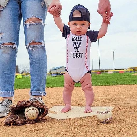 Halfway To The One Yard Line Photoshoot, 6 Months Baseball Pictures, Baseball Half Birthday Pictures, Halfway To One Photoshoot Baseball, Half Birthday Baseball Theme, Halfway To First Baseball Photoshoot, Halfway To First Photoshoot, Half Way To First Baseball Pictures, Baseball 6 Month Photoshoot