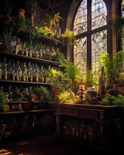 Witch Greenhouse Aesthetic, Witches Greenhouse, Apothecary Greenhouse, Witch Garden Aesthetic, Apothecary Studio, Witch House Aesthetic, Witchy Greenhouse, Witch Cottage Aesthetic, Greenhouse Aesthetic