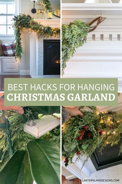 Hanging Christmas Garland, Garland On Mantle, Christmas Ceiling Decorations, Archway Decor, Garland Hanger, Mantle Garland, Mantel Decorating, Hanging Christmas Lights, Christmas Decorations Garland