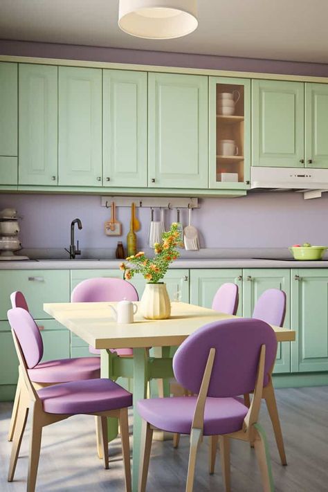 Green and Purple Color Scheme: Kitchen with Pastel Cabinets and Accents Sage Green And Lavender Kitchen, Sage And Lavender Kitchen, Pastel Green Furniture, Purple And Green Kitchen Ideas, Colours That Go With Green, Light Purple Kitchen, Green And Purple Kitchen, Green And Purple Decor, Green And Purple Living Room