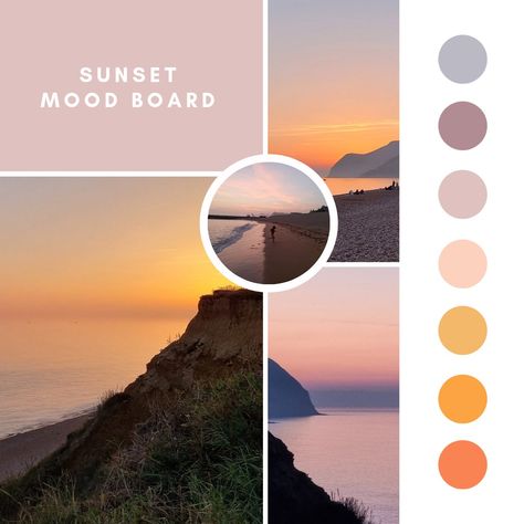 A sunset colour mood board I made from some photos I have taken this week. #moodboard #sunset #sunsetcolours #colourpalette #colorpalette #sunsetcolors #graphicsdesign #colours Sunset Mood Board, Colour Mood, Instagram Grid, 2022 Ss, Real Estate Branding, Branding Ideas, Business Coaching, Sunset Colors, Brand Board