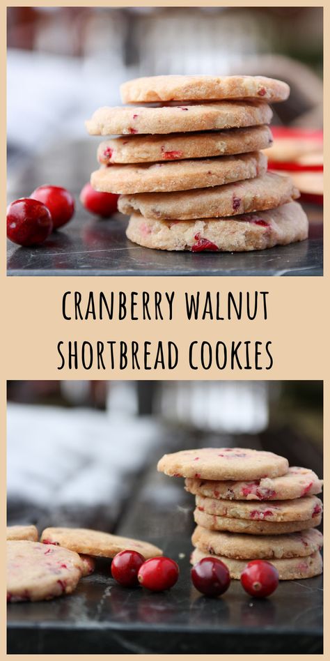 A stack of cranberry walnut shortbread cookies on a marble counter top Cranberry Walnut Shortbread Cookies, Walnut Shortbread Cookies, Cranberry Walnut Cookies, Walnut Shortbread, Easy Cookie Recipe, Xmas Baking, Christmas Shortbread, Walnut Cookies, Healthy Cookie Recipes