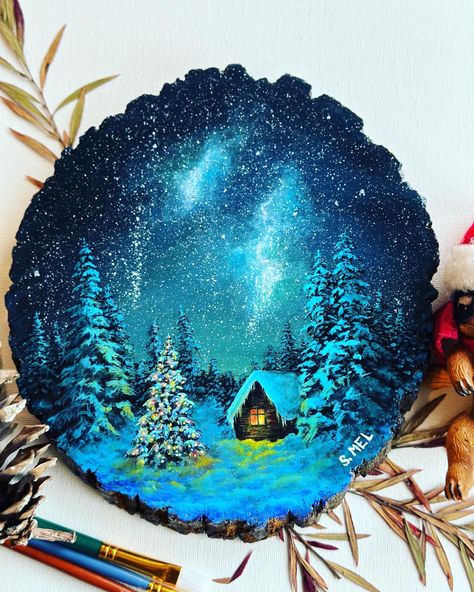 “Winter” acrylic painting on the slice of wood , Wonderland Painting, Barn Wood Art, Home Colors, Nature Home, Acrylic On Wood, Xmas Diy, Painted Ornaments, Hand Painted Ornaments, Winter Art