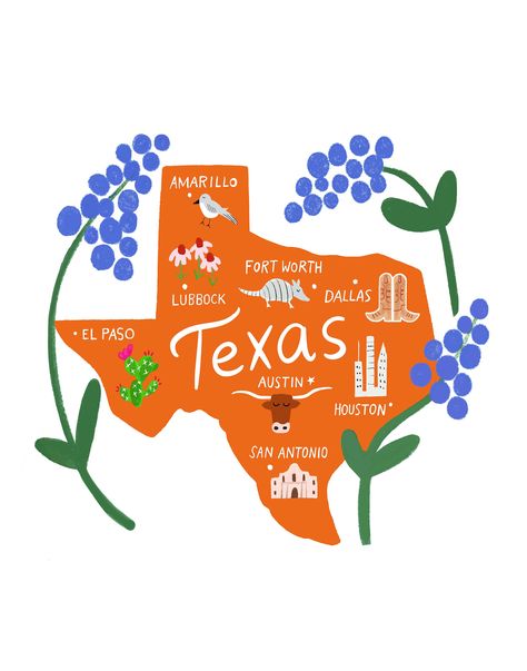 Surrounded by the Lone Star state's official flower, the Bluebonnet, this illustrated and hand lettered map features eight cities and highlights Texas' symbols, (plus a few other icons - cowboy boots, the Alamo, cornflowers and the Houston skyline): Small Mammal: Armadillo Large Mammal: Longhorn Bird: Northern Mockingbird Plant: Prickly Pear Cactus The giclee (pronounced gee-clay) print keepsake map illustration is printed on Elegance Velvet, a 100% acid-free rag paper with archival pigment inks Texas Wall Decor, Texas Map Art, Country Music Art, Texas Symbols, Texas Icons, Texas Watercolor, Texas Aesthetic, Texas Design, Spongebob Birthday Party