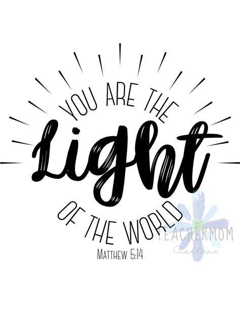 "You are the light of the world, Matthew 5:14 Digital Design Matthew 5:14 says, \"You are the light of the world- like a city on a hilltop that cannot be hidden.\" Go shine your light! Let this inspirational saying be a reminder of how beautiful you already are and how much you are loved. These files are perfect for creating t-shirts, mugs, bags, tumblers, prints and signs using a Cricut or Silhouette machine. The possibilities are endless! WHAT YOU WILL RECEIVE ~ ZIP file containing - SVG files Girls Camp Crafts, Scripture Svg, Light Of Christ, Matthew 5, Shine Your Light, Light Of The World, Daily Bible Verse, Camping Crafts, Create T Shirt