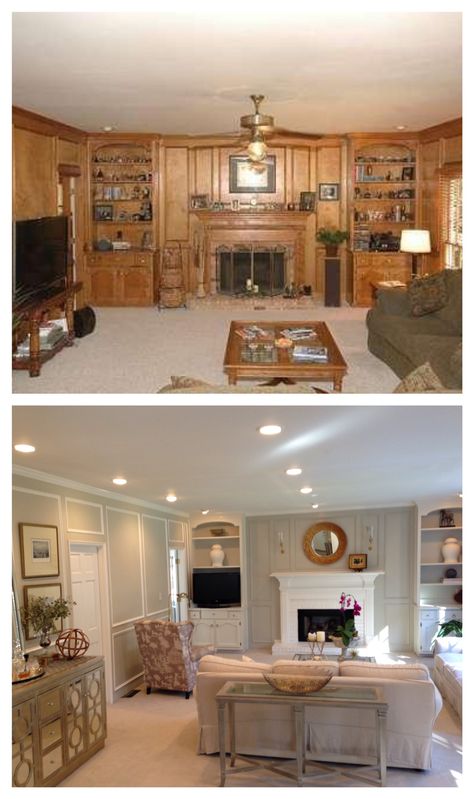 Living Room Before and After. Paneling painted, updated. Wood Paneling Makeover, Paneling Makeover, Painting Wood Paneling, Painting Wood, After Pictures, Painted Paneling, Living Room Remodel, Wood Panel Walls, Before And After Pictures