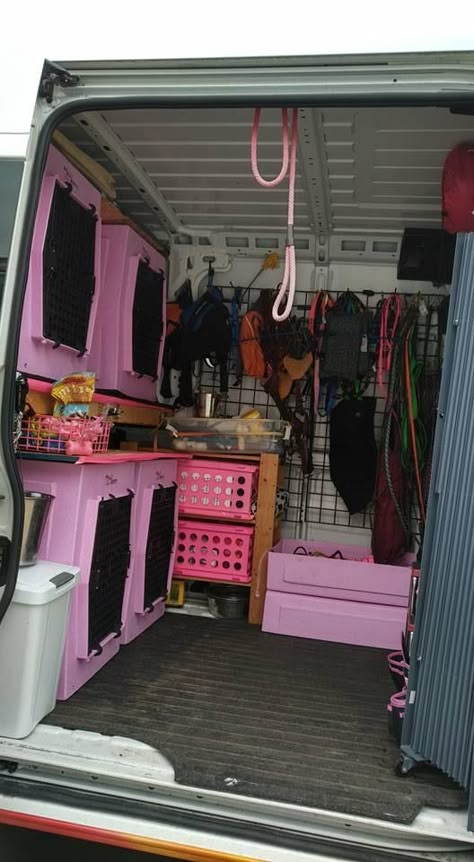 Dog Show Van Ideas, Pet Supplies Organization Ideas, Dog Van Conversion, Dog Setup Ideas, Dog Training Room Ideas, Dog Car Setup, Dog Training Facility Ideas, Dog Storage Ideas Organizations, Dog Breeder Setup