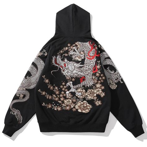 Japanese Embroidered Zip Hoodie, White Tiger, Black Dragon, 4 Beasts, Pullower Sakura, Cotton, Phoenix Suzaku Snake, Embroidery Sweatshirt Dragon Hoodie, Black Theme, Japan Outfit, Embroidery Hoodie, Japanese Embroidery, Embroidery Sweatshirt, Japanese Streetwear, Hoodie Material, Trendy Prints