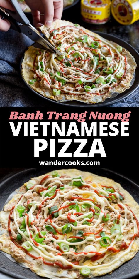 Vietnamese Pizza (known as Bánh Tráng Nướng) is essentially grilled rice paper used as a pizza base. This super popular Vietnamese street food snack is easily cooked at home with any toppings you have on hand. We love cooking this crispy rice paper pizza topped with egg, spring onion, cheese, and canned meat (especially TUNA – yum!) finished with mayonnaise and sriracha. Rice Paper Pizza, Vietnamese Pizza, Crispy Rice Paper, Easy Vietnamese Recipes, Grilled Rice, Vietnamese Street Food, Healthy Asian Recipes, Pizza Base, Canned Meat