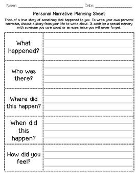 This is a brainstorming and graphic organizer to help your students write a personal narrative.  The planning sheet is for students to brainstorm about an event in their life and describe who was there, the event that took place, when it happened, and how they felt.  The graphic organizer allows students to clearly create a writing piece with an introduction, BME body, and conclusion.  This can be used for students who are new to writing personal narratives or as an intervention/differentiation Ways To Begin A Narrative, Personal Narrative Anchor Chart, Narrative Graphic Organizer, Personal Narrative Graphic Organizer, Writing Planning Sheet, Brainstorming Graphic Organizer, Writing A Thesis Statement, Writing Graphic Organizers, Planning Sheet