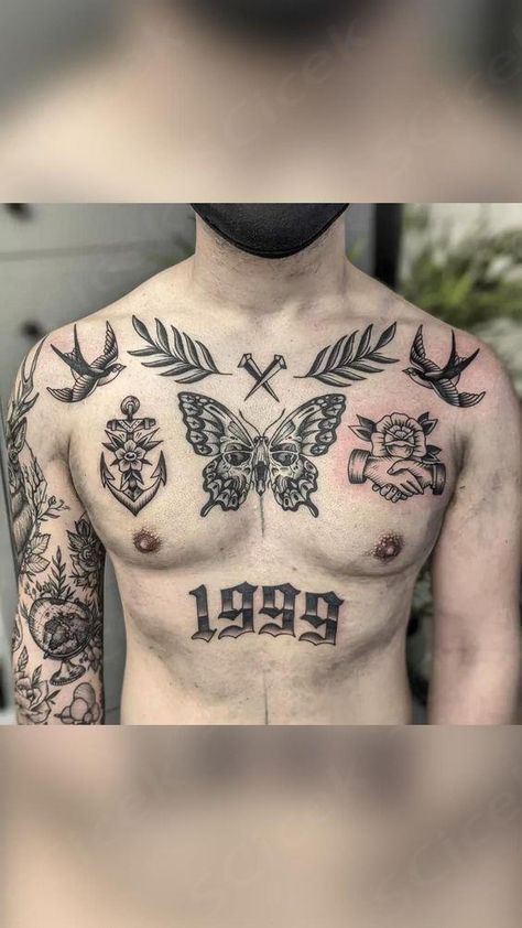 Patchwork chest | #tattoo #tattoos #sketch Chest Patchwork Tattoo Female, Birth Year Tattoo Men Chest, Men’s Chest Tattoo Stencils, Chest Tattoo Patchwork, Masculine Chest Tattoos, Under Peck Tattoos For Men, Traditional Stomach Tattoo Men, Swallow Tattoo Chest, Chest Patchwork Tattoo