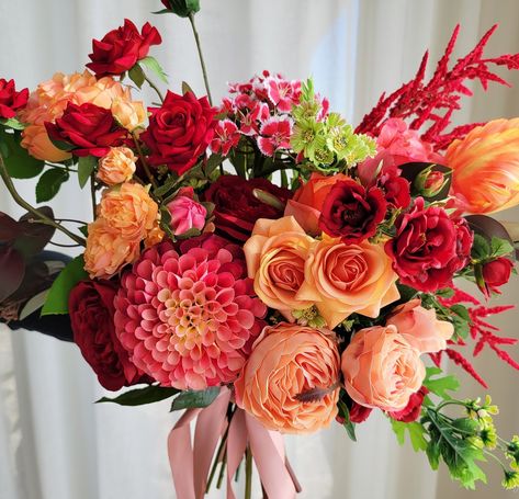 Pop Of Color Bouquet, Pink Orange Red Bouquet, Red Pink Orange Bridal Bouquet, Red Orange Bridal Bouquet, Red Orange Flower Arrangements, Pink Orange Flower Bouquet, Red And Orange Flower Bouquet, Bright Dried Flowers, Flowers With Red Dress